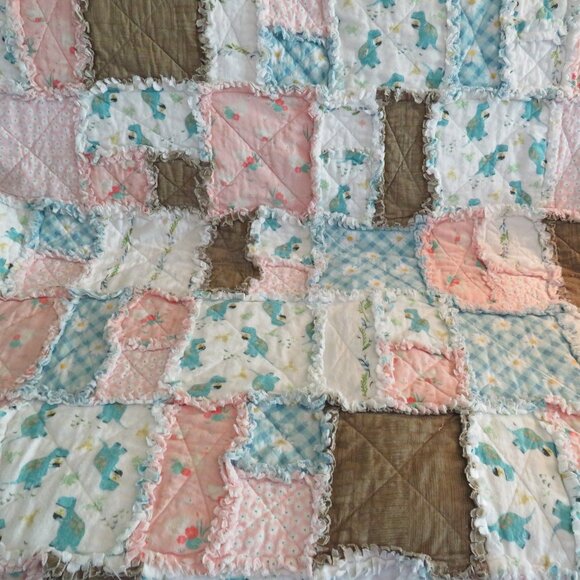 Flannel Rag Quilt 49 x 45 with Batting, Floral Dinosaur Scrappy Style Rag Quilt - Picture 10 of 11